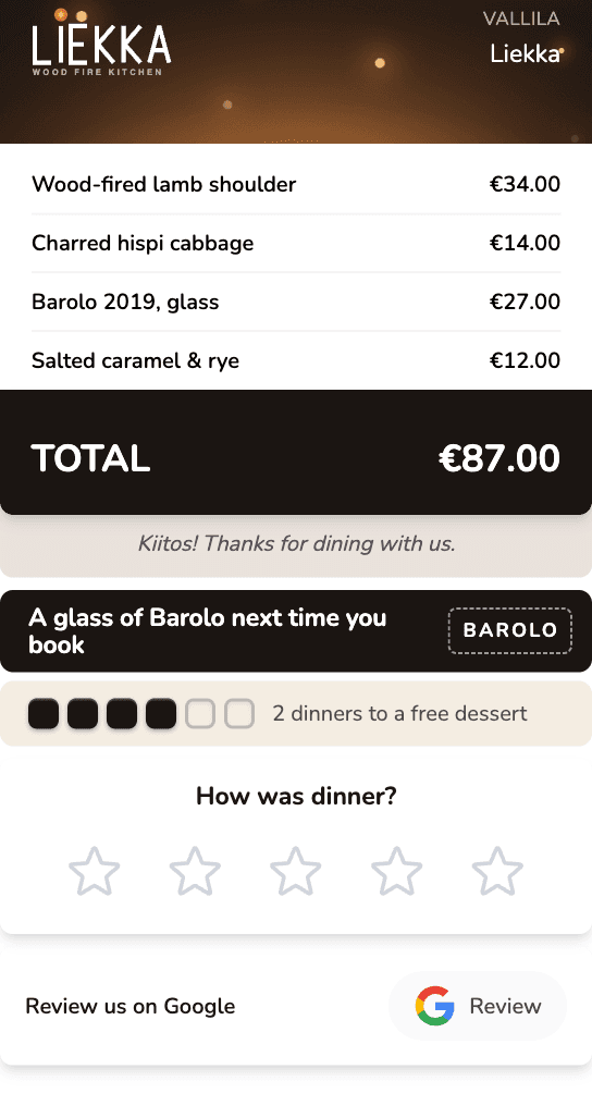 A digital receipt from Liekka, an example restaurant, in a banking app, itemised with the total