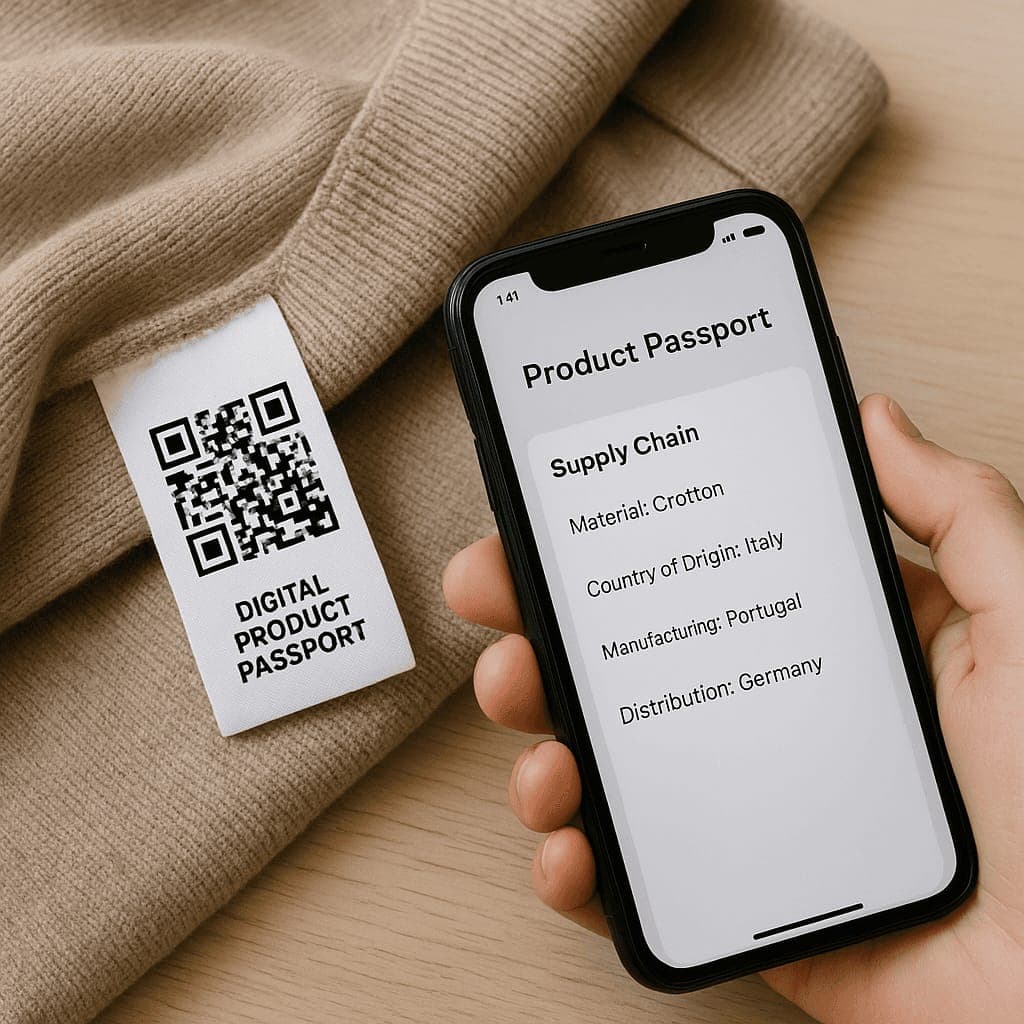 A knitted jumper with a Digital Product Passport care label carrying a QR code, beside a phone showing the garment supply chain
