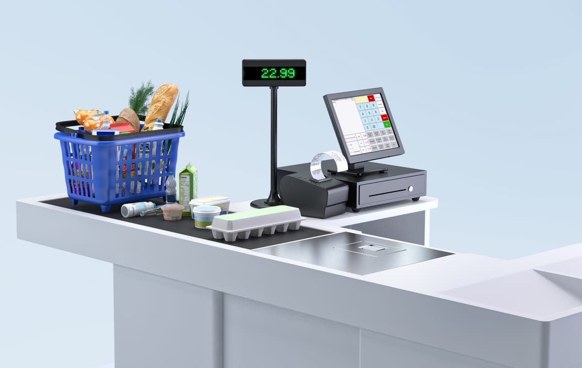 A 3D illustration of a supermarket checkout with a basket of groceries, a price display reading 22.99, a till and a receipt printer