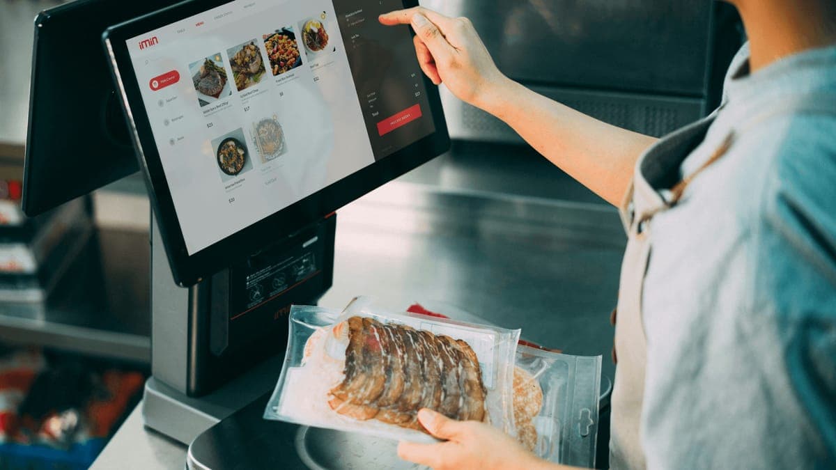 A shop worker tapping an order into a touchscreen till while holding a tray of packaged meat