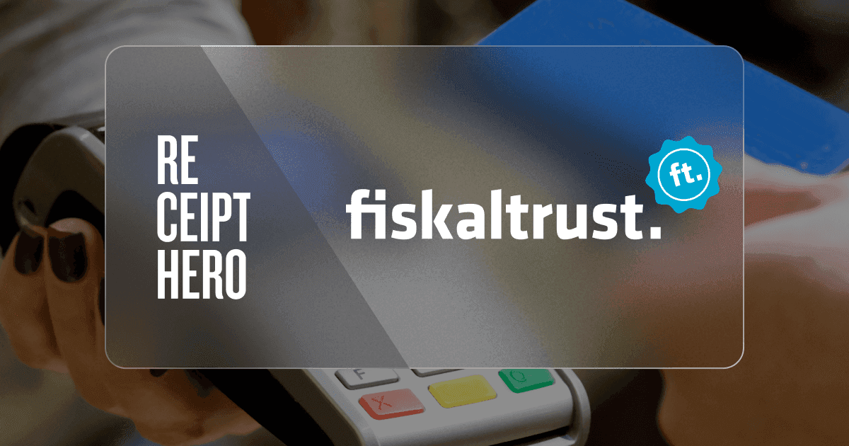 The ReceiptHero and fiskaltrust logos on a translucent panel over a photo of a card being tapped on a terminal