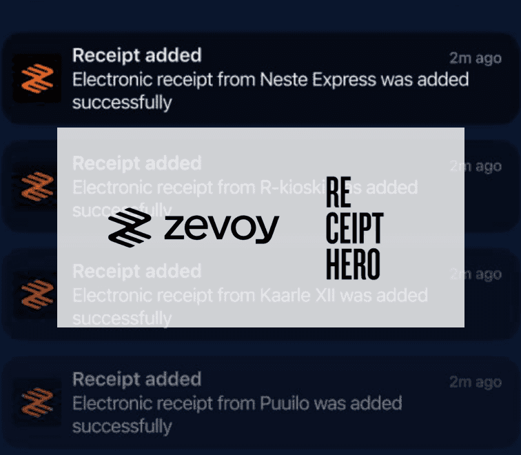 The Zevoy and ReceiptHero logos over a stack of phone notifications reading Receipt added, from Neste Express, R-kioski and Puuilo