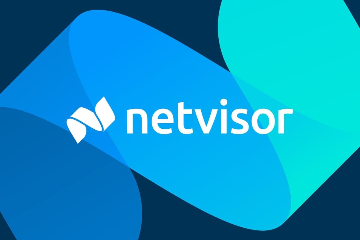The Netvisor logo in white on a dark blue background with overlapping blue and turquoise shapes