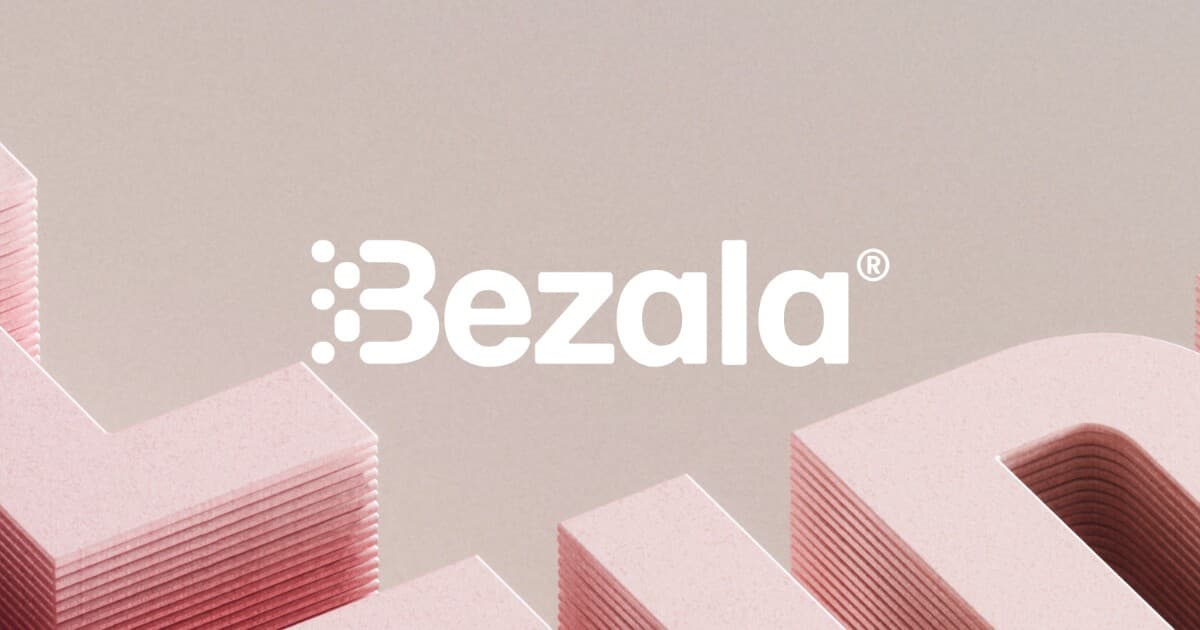 The Bezala logo in white over a 3D scene of pale pink stacked shapes
