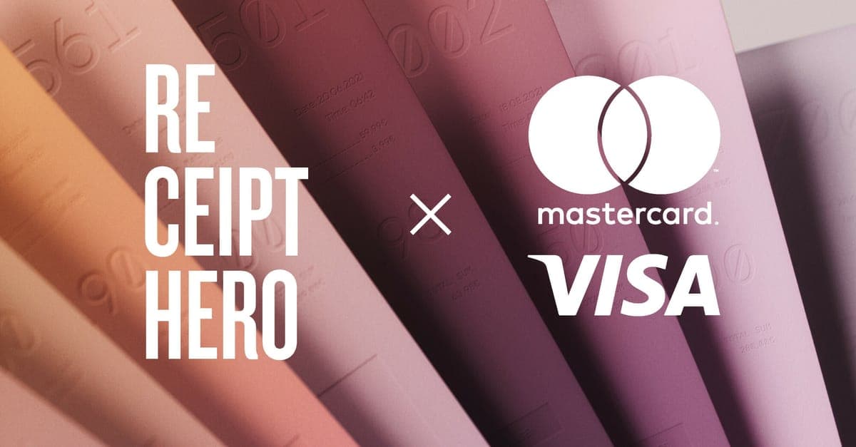 The ReceiptHero logo beside the Mastercard and Visa logos, over folded pastel paper printed like receipts