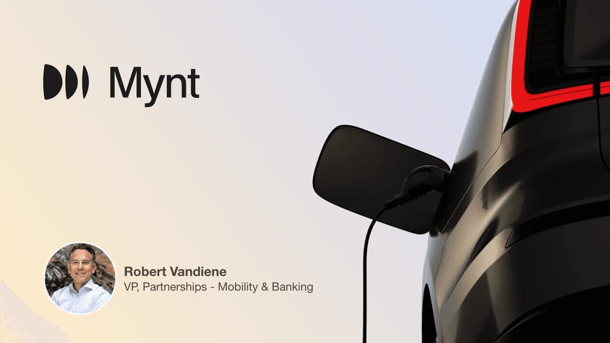 The Mynt logo beside a close-up of a charging cable plugged into an electric car, with a headshot of Robert Vandiene, VP Partnerships for Mobility and Banking