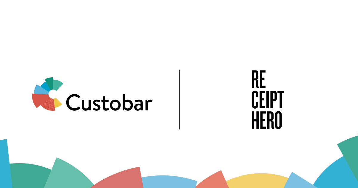 The Custobar and ReceiptHero logos side by side, separated by a vertical rule, above a band of coloured fan shapes