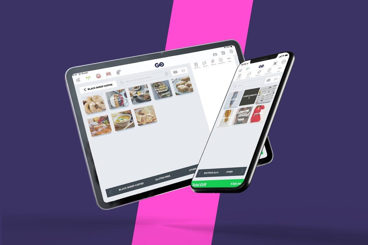 A tablet and a phone running the Extenda Go point-of-sale app, one showing a cafe product grid and the other a clothing store total