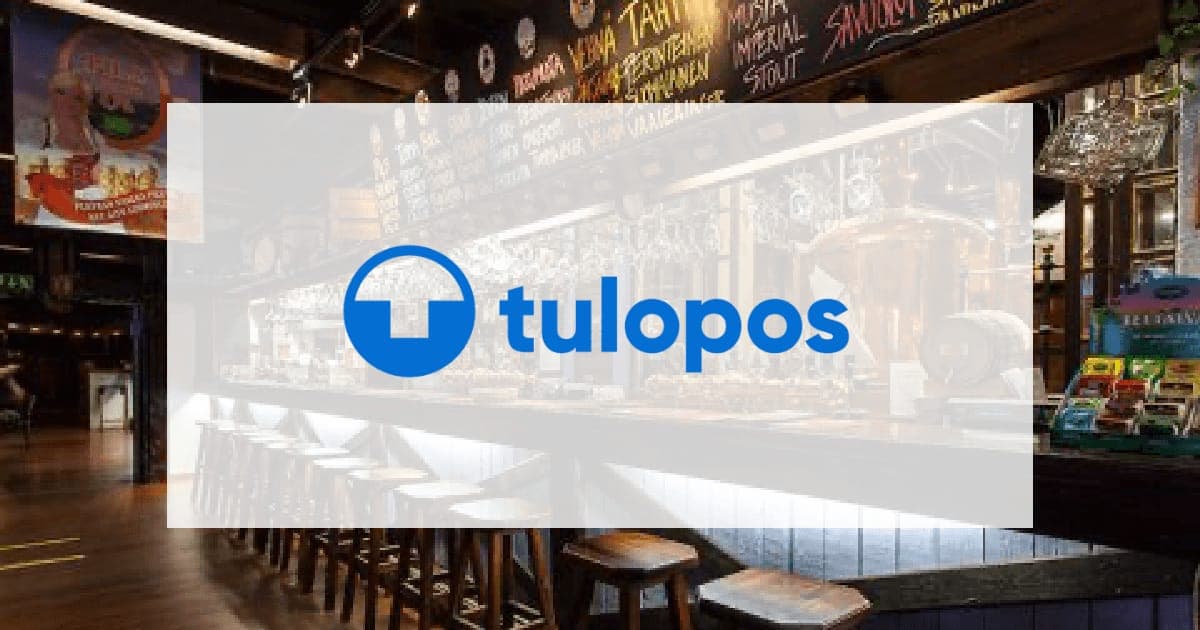 The Tulopos logo over a photo of a bar, its beer list chalked above the taps and stools along the counter
