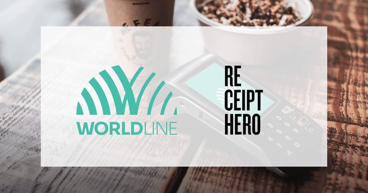The Worldline and ReceiptHero logos over a photo of a card terminal on a wooden cafe table