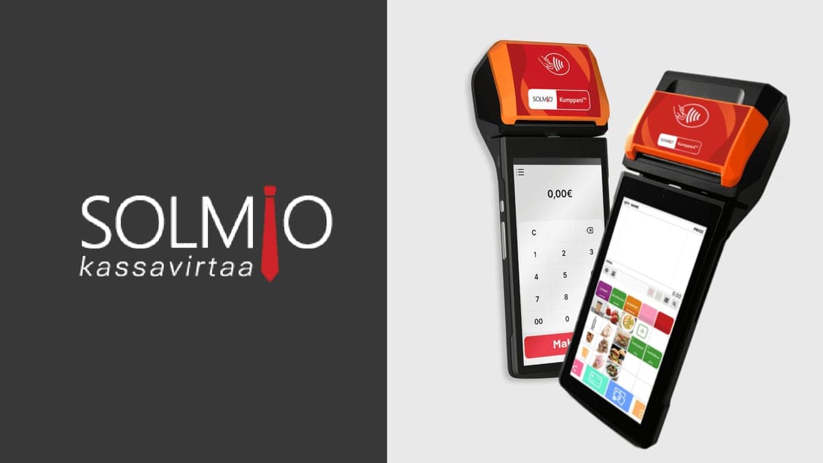 The Solmio logo beside two handheld Solmio Kumppani card terminals, one showing a keypad and one a product grid