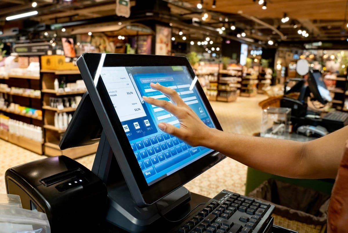 A shop assistant entering customer details on a touchscreen till in a grocery store, a receipt printer beside it