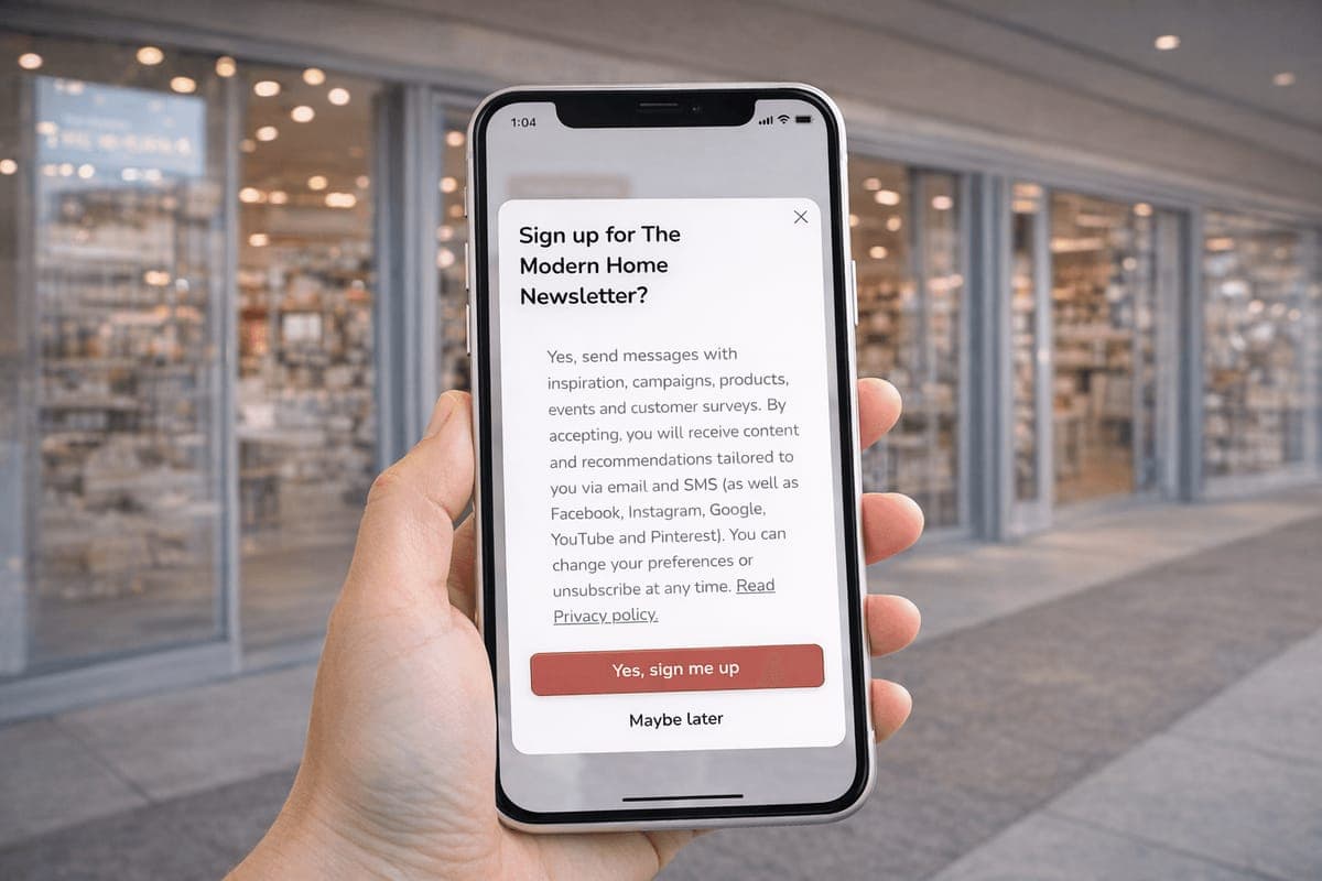 A hand holding a phone showing a newsletter opt-in asking to sign up for The Modern Home Newsletter, outside a shop