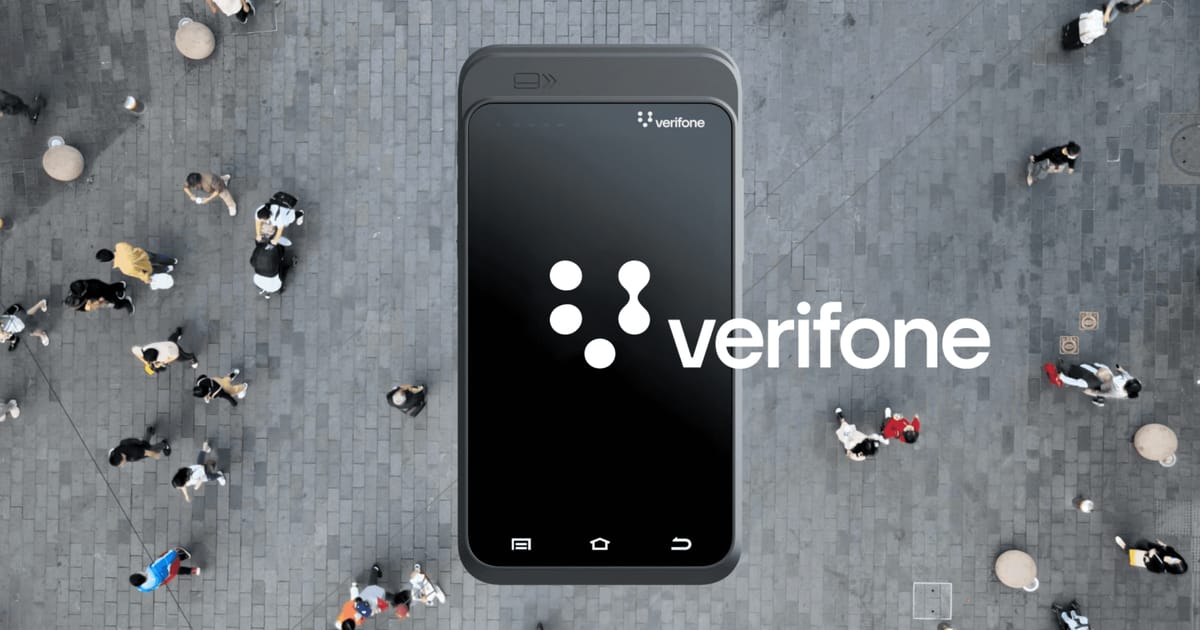The Verifone logo beside a card terminal, over an overhead photo of people crossing a paved square