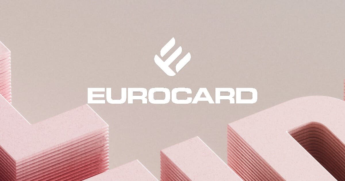 The Eurocard logo in white over a 3D scene of pale pink stacked shapes