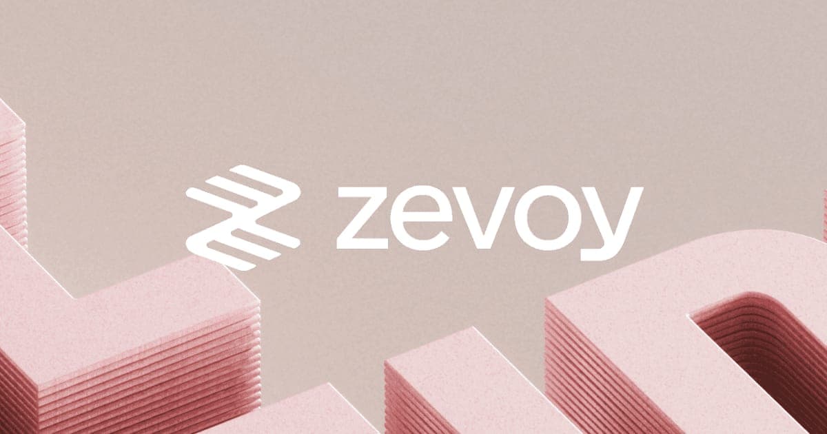 The Zevoy logo in white over a 3D scene of pale pink stacked shapes